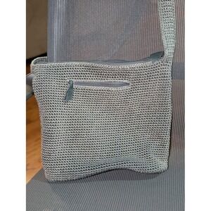 The Sak Crochet Shoulder Bag Gray Knit Slouchy Boho Zip Pocket Handbag